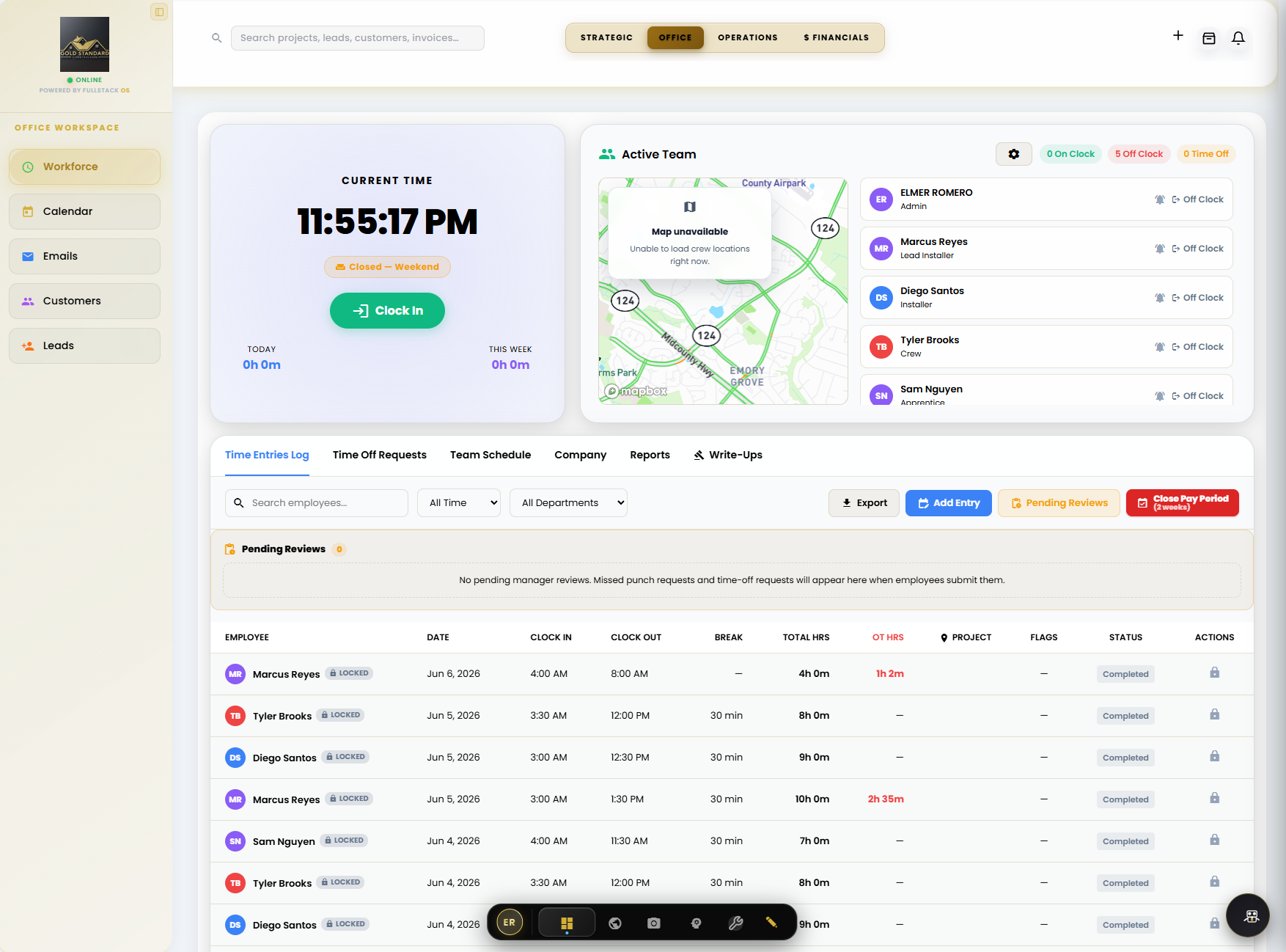 Workforce dashboard — time tracking, active-team map, and time-entry log